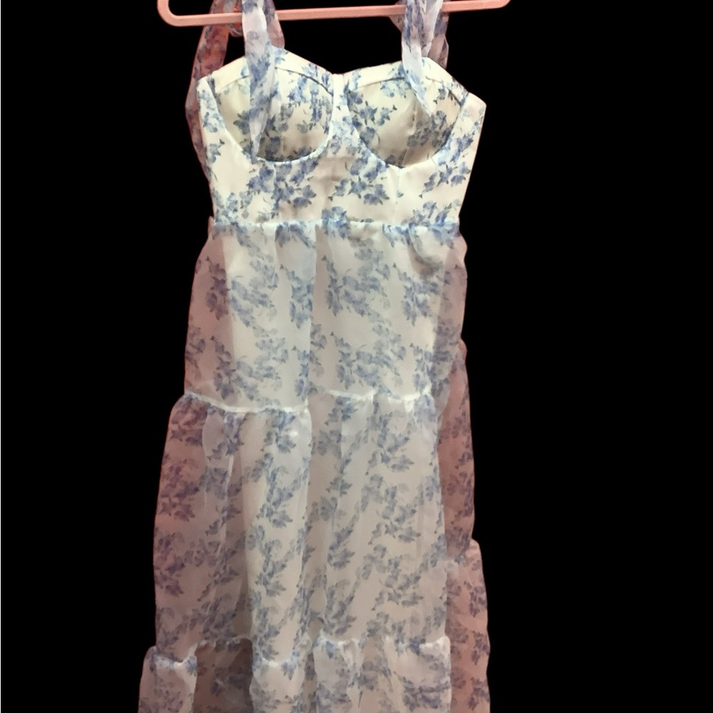 NWOT Floral Blue and White Organza Gown